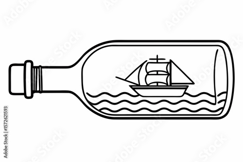 Line Art Boat in Glass Bottle with Waves ship sailboat