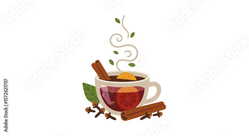 Colorful Mug of Mulled Wine with Decorative Steam and Spices, Flat Icon