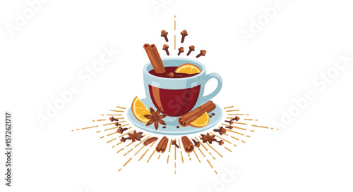 Mulled Wine Cup with Glowing Spices and Saucer, Flat Vector Icon
