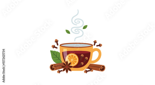 Colorful Mug of Mulled Wine with Decorative Steam and Spices, Flat Icon