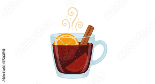 Glass Cup of Mulled Wine with Cinnamon and Orange, Flat Vector Icon