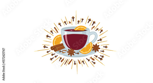 Mulled Wine Cup with Glowing Spices and Saucer, Flat Vector Icon