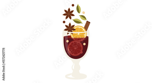 Festive Mulled Wine Glass with Floating Citrus and Spices, Flat Illustration