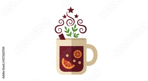 Stylized Mulled Wine Mug with Star-Shaped Steam, Flat Icon
