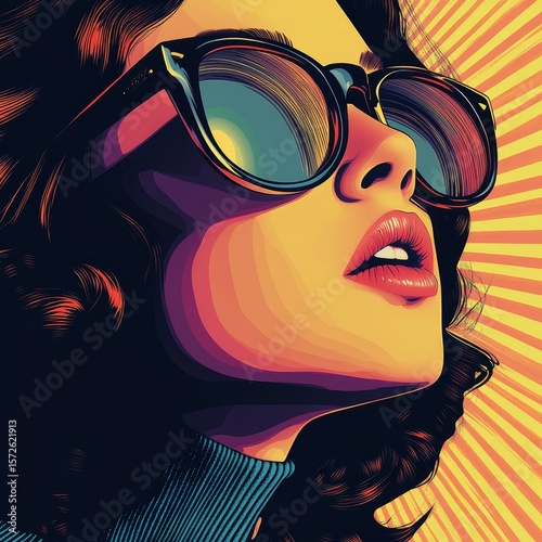 Pop art retro-style depiction of a young blonde woman wearing headphones and sunglasses, set against a vibrant, colorful background, Generative AI