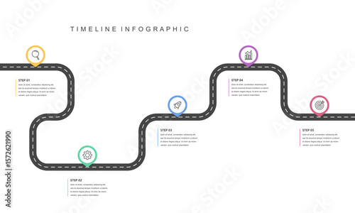 Business road map timeline infographic concept. with icons and 5 steps, Corporate milestones graphic elements. workflow layout, diagram, report, web design. Creative, Vector illustration.