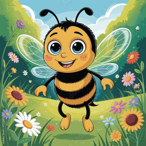 Cute cartoon bee flying happily in a field of colorful flowers