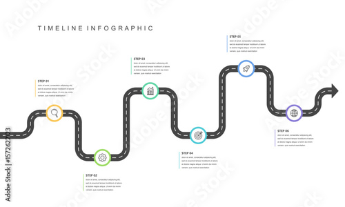 Business road map timeline infographic concept. with icons and 6 steps, Corporate milestones graphic elements. workflow layout, diagram, report, web design. Creative, Vector illustration.