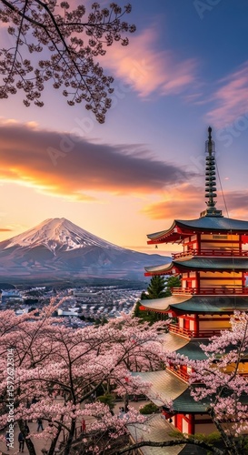 Chureito Pagoda with Mount Fuji during cherry blossom season at sunset