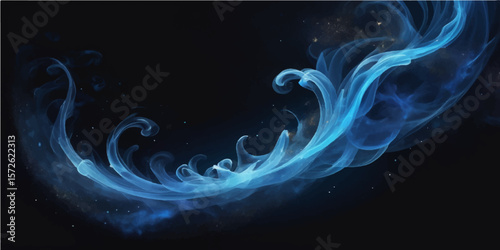 Abstract blue smoke swirls gracefully on a black background, forming a flowing, artistic pattern of light and motion