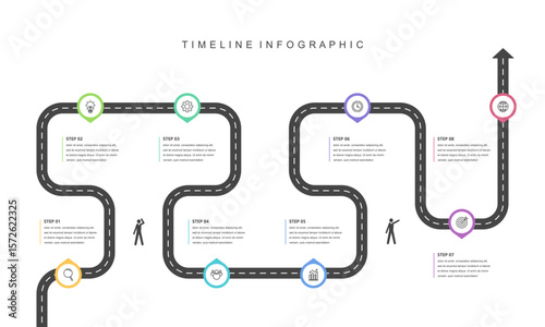 Business road map timeline infographic concept. with icons and 8 steps, workflow layout, diagram, report, web design. Business Milestone. Vector illustration