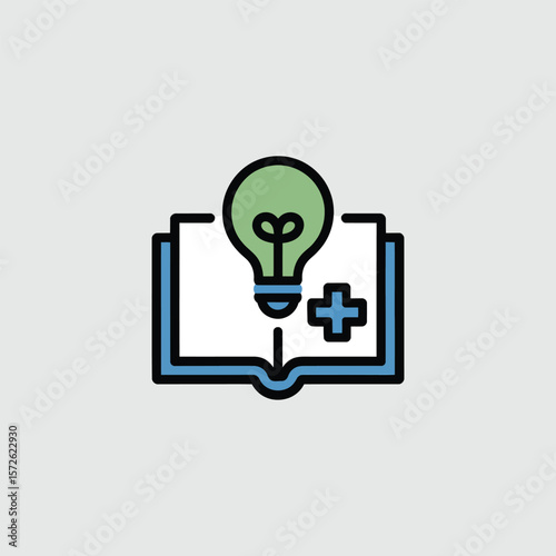 Minimalist Icon depicting a sage green lightbulb above an open book with a blue plus symbol inside a blue book outline against a light gray background