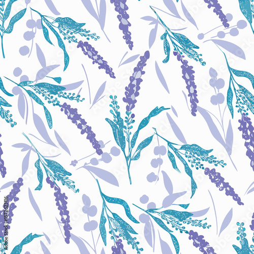 Seamless Botanical Pattern with Purple and Blue Lavender Leaves on White Background