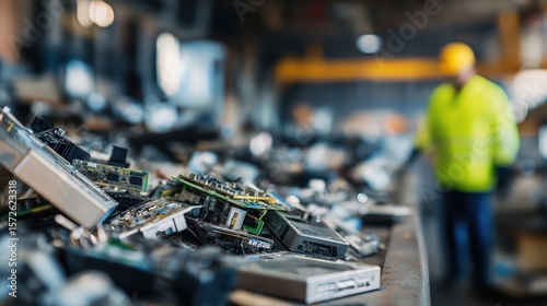 E-Waste Recycling Center with Discarded Electronics – Broken Computer Hardware and Worker in Safety Jacket