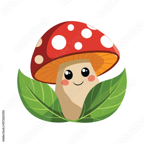 Shy Mushroom Hiding Behind a Leaf Cute Vector Drawing