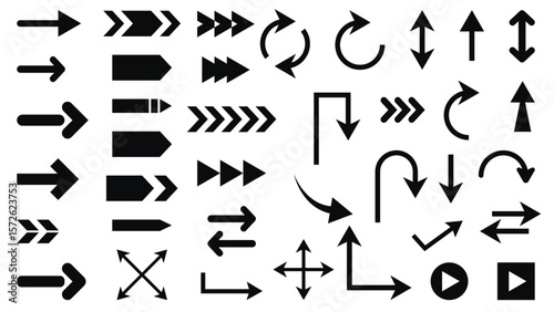 Set of black arrows vector elements. Icon pointer, arrow, direction, button, movement, corner, circle, turn. Different arrow symbol isolated on white background