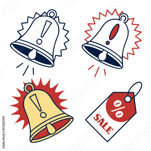 Collection of sale bells and price tag icons isolated on white background