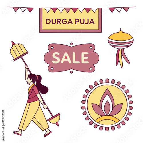 Durga puja celebration with sale and festive elements isolated on white background