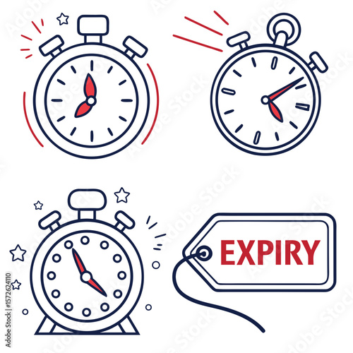 Stopwatch and expiry tag icons representing time and deadline isolated on white background