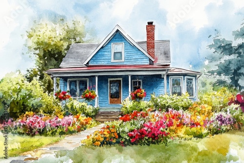 Colorful farmhouse exterior with a vibrant flower bed in the front yard, presented as a watercolor or aquarelle painting illustration, Generative AI