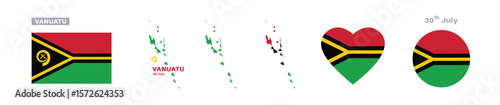 vanuatu flag and map set. vanuatu flag in official colors and proportions. independence day 30 july, map, circle and heart shaped vanuatu 
