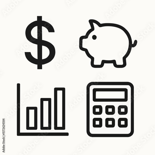 Set of black and white vector icons featuring a dollar sign, piggy bank, bar chart, and calculator. Perfect for finance, money management, investment, or budgeting themes. Ideal for business designs, 