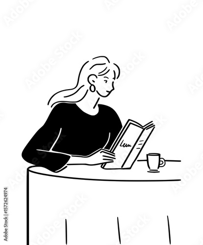 A woman reading a book while enjoying a cup of coffee or tea at a table. Minimalist line art illustration of a quiet, relaxing hobby.
