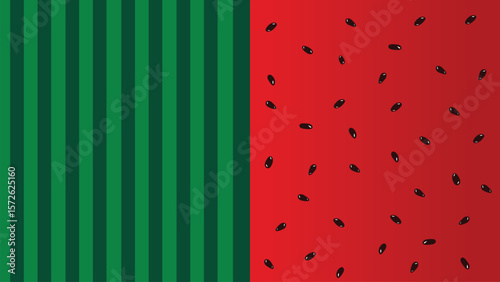 Abstract watermelon vector background. Watermelon rind with green stripes and watermelon pulp with black seeds.