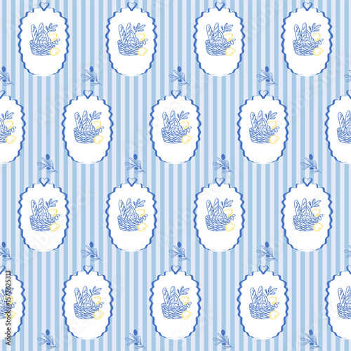 Seamless Outline Bread Baguette Basket Pattern Background. Sketch Vintage Wrapping Paper Print. Doodle Line Mediterranean Amalfi Style Stroke Symbol Textile Swatch. Striped Hand Drawn Surface Design