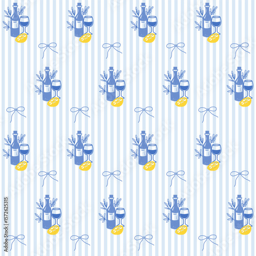 Wine Drink Seamless Pattern Background.  Sketch Vintage Wrapping Paper Print. Doodle Line Mediterranean Wine Bottle Amalfi Style Stroke Symbol Textile Swatch. Striped Minimalist Hand Drawn Surface Art