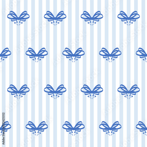 Coquette Outline Blue Bow Seamless Pattern Background.  Sketch Ink Ribbon Vintage Wrapping Paper Print. Whimsical Doodle Line Contour Stroke Textile Swatch. Girly Dairy Striped Sophisticated Surface