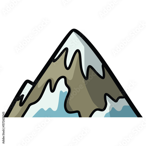 Cartoon snow capped mountain peak with blue sky and white snow
