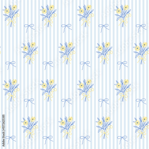 Coquette Outline Bouquet Seamless Pattern Background.  Sketch Floral Vintage Wrapping Paper Print. Whimsical Doodle Line Flower Stroke Symbol Textile Swatch. Girly Dairy Striped Sophisticated Surface