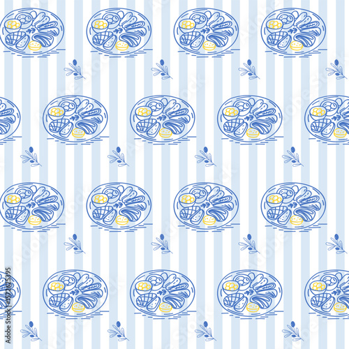 Outline Food Seamless Pattern Background.  Sketch Vintage Wrapping Paper Print. Doodle Line Mediterranean Seafood Amalfi Style Stroke Symbol Textile Swatch. Striped Minimalist Hand Drawn Surface Art