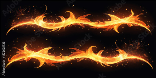 Abstract fiery orange and red flames blaze on a dark black background, capturing the intense heat and light of a burning inferno