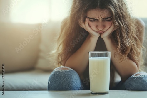 Lactose intolerance concept, a glass of milk on the table, while a woman experiences  pain on the sofa, Generative AI