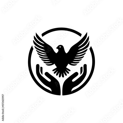 Black vector icon of a descending dove with spread wings encircled by open hands, representing peace, protection, and spiritual care.

