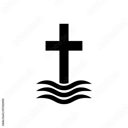 Minimalist icon of a Christian cross emerging from water waves, symbolizing baptism, faith, and spiritual renewal.

