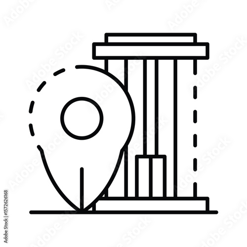 A building with columns is positioned behind a location pin