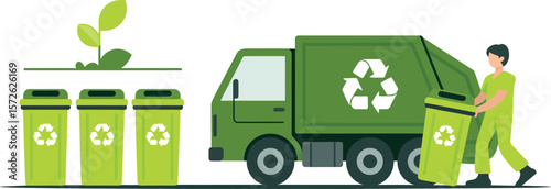 Illustration of a green recycling truck with a worker and recycling bins with a plant above


