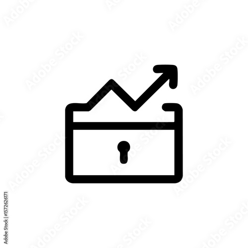 Simple vector icon of a rising graph line coming out of a secure box, symbolizing protected growth or secured investments.