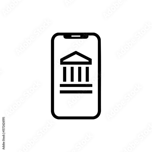 A smartphone displaying a government building symbolizes mobile banking, e-government services, or digital tax filing.