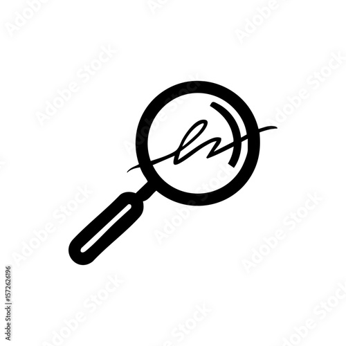 Magnifying glass inspecting a forged signature, representing fraud detection, verification, or authenticity checks.

