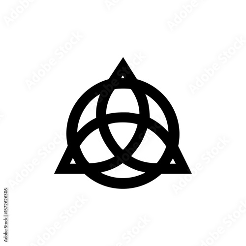A stylized black vector icon of a triangle interwoven with circles, symbolizing the Christian Holy Trinity, unity, and eternal spiritual connection.
