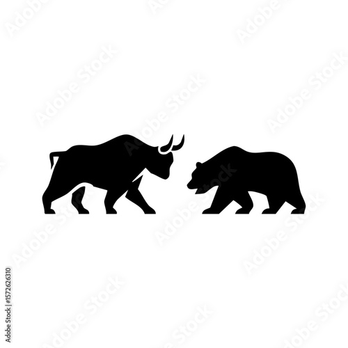 A minimalist vector icon of a bull and bear confronting each other, symbolizing opposing stock market trends—bullish growth versus bearish decline.
