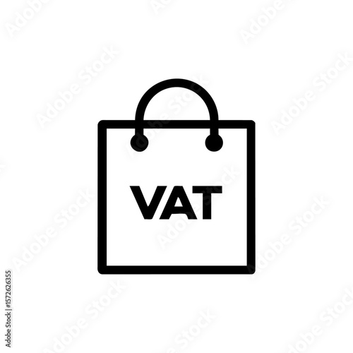 A clean minimalist icon of a shopping bag with the word "VAT" on it, symbolizing value-added tax in retail and business transactions.
