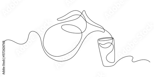 Jug pouring water, milk, or juce in glass. Continuous line drawing.