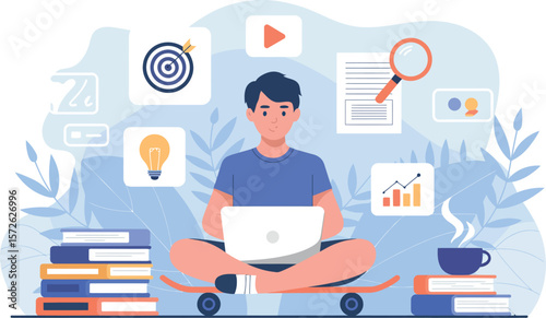 Illustration of a person sitting cross legged on a skateboard using a laptop with icons around him


