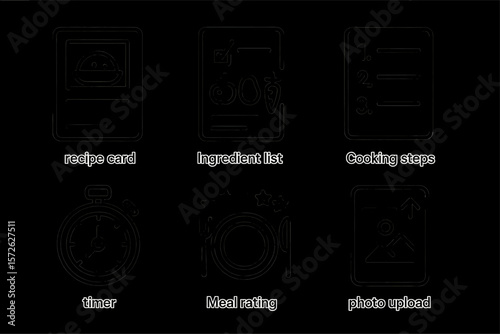 Cooking app interface icons: recipe card, ingredients, steps, timer, rating, upload