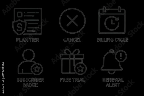 Subscription icons: plan tier, cancel, billing cycle, subscriber badge, free trial, renewal alert